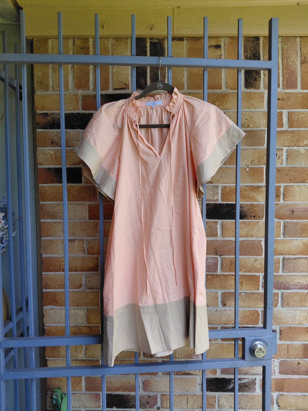 Peach Two-Tone Shift Dress with Ruffle Neck